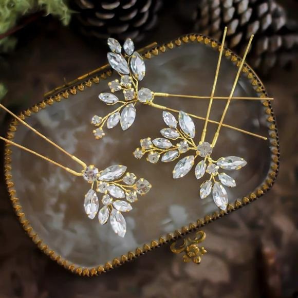 Gold Crystal Bride Wedding Hair Pins Silver Hair Piece Bridal Flower